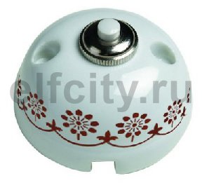 Выключатель кнопочный одинарный, сферической формы, 10А / 250В, наружный монтаж, белый фарфор / коричневый декор