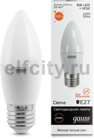 Лампа Gauss LED Elementary Candle 6W E27 2700K 1/10/50