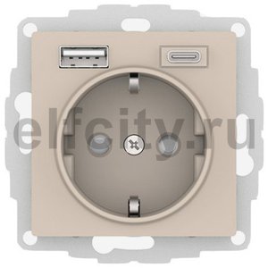 Atlasdesign Розетка с заземлением 16А+2USB A+С, (5В/2,4А/3 А, 2х5В/1,5А), песочный