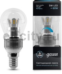 Лампа Gauss LED Globe-dim Crystal Clear 5W E14 4100K диммируемая